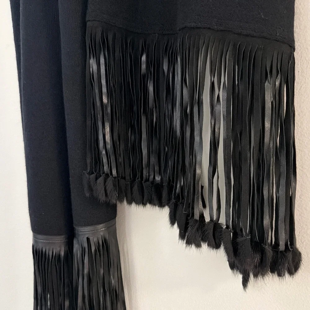 Zoe Couture Black Cashmere Wool Wrap Scarf Leather Fringe Fur Trim Oversized O/S
